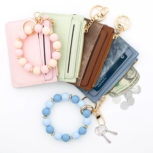 Minimalist silicone bead bracelet wallet with colorful faux leather zipper card case