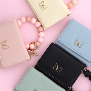 Mini PU leather butterfly card holder wallet with silicone bead bracelet and keychain