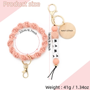 Detail view of pink braided cord wristlet and MAMA letter silicone bead keychain set