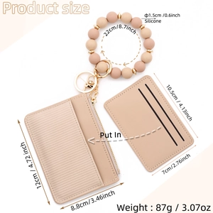Pink silicone bead wristlet keychain set with textured zipper card holder and wallet