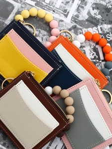 Silicone bead wristlet keychain with colorful PU leather card holder and coin purse wallets