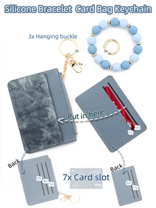 Close-up of light blue silicone bead bracelet with PU leather card holder and 7 card slots