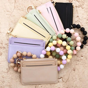 Silicone bead wristlet keychain with colorful card holder wallets in various pastel tones