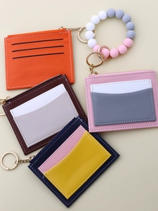 Silicone beaded bracelet keychain with mini zipper leather wallet card holders in various colors