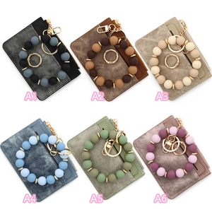 Portefeuille en cuir minimaliste et porte-clés bracelet en perles de silicone en six couleurs