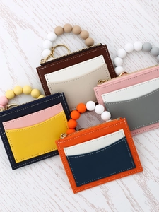 Silicone bead keychain with multicolor PU leather zipper card wallet for women