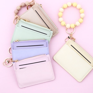 Morandi colors PU leather wallet set with silicone bead bracelet and metal keychain
