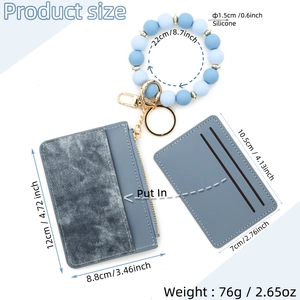Porte-clés en perles de silicone bleu avec porte-cartes et dimensions détaillées