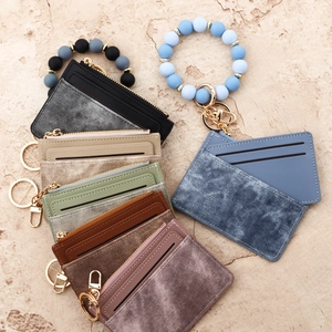 Women's minimalist leather card wallet with silicone bead bracelet keychain in various colors