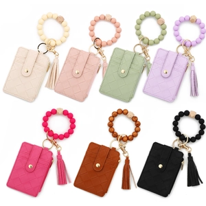 Lattice PU leather card wallet keychain set with silicone bead bracelet in seven colors