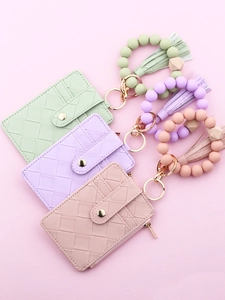 Women Woven PU Leather Card Holder With Silicone Bead Wristlet Bracelet Keychain Tassel Zipper Wallet ID Case Gift