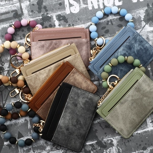 Silicone bead wristlet keychain with leather card holder wallets in multiple colors