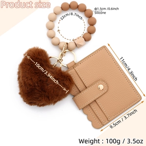 Bracelet porte-clés en perles de silicone avec pompon cœur et porte-carte en cuir
