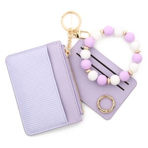 Women Mini Wallet Card Holder Keychain Silicone Bead Wristlet PU Leather Zipper Coin Purse Bracelet Key Ring Fashion Accessory