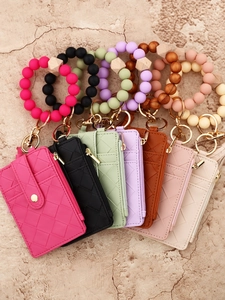Silicone bead wristlet keychain with quilted PU leather card holder wallets in assorted colors