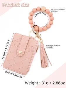 Pink silicone bead bracelet with PU leather wallet card holder and tassel size chart