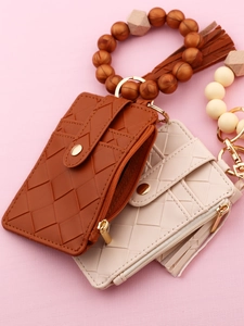 Braided PU leather wallet with silicone beads wristlet and tassel in brown and beige