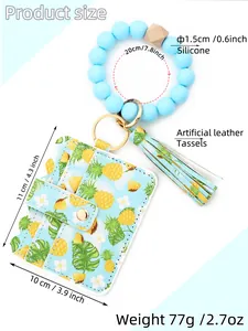 Detailed size chart showing silicone bead bracelet and floral card holder dimensions