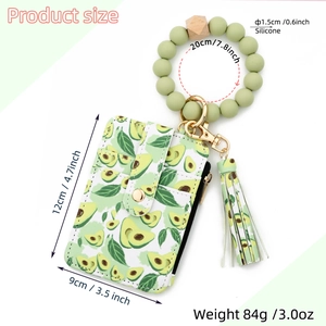 Detailed view of the avocado print card holder and silicone bead keychain dimensions
