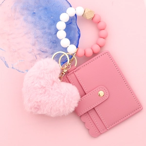 Bracelet porte-clés en perles de silicone rose avec cœur en peluche et porte-cartes