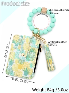 Detailed size specifications for pineapple print card holder and silicone bead keychain bracelet