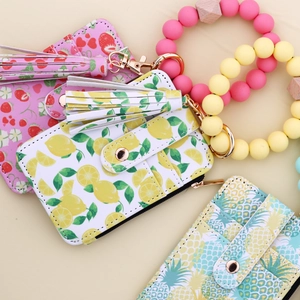 Floral print silicone bead bracelet keychain with zipper coin purse and leather tassel