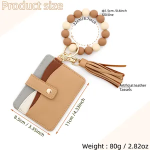 Detailed size specifications for silicone bead keychain bracelet with leather card wallet