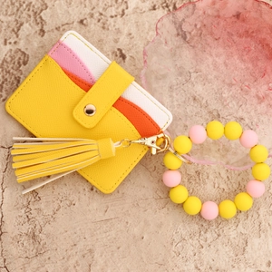 Silicone bead keychain bracelet with multi-layer leather wallet and colorful fringe