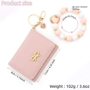 Pink silicone bead bracelet keychain with leather card holder and heart charm gift set