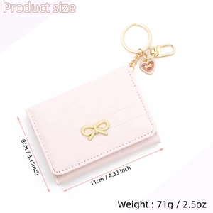 Detailed size chart of pink bowknot short wallet with measurements and heart pendant