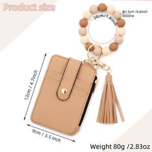 Brown faux leather card holder wallet with silicone bead wristlet and tassel keychain