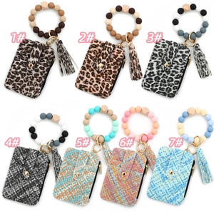 Leather tassel keychain wallet set with silicone beads wristlet in various patterns