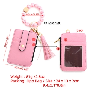 Pink PU leather wallet set with silicone bead bracelet, tassel keychain, and ID window