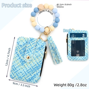 Silicone bead wristlet with blue and yellow woven card holder and tassel keychain