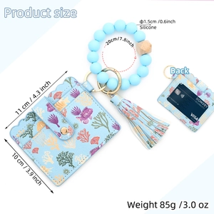 Silicone bead keychain bracelet with ocean print wallet and tassel, 11x10cm size view