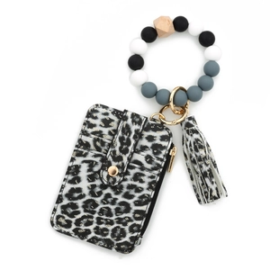 Silicone bead wristlet keychain with leopard print card holder wallet and tassel charm