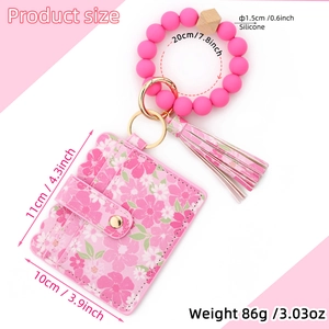 Floral card wallet with pink silicone beads wristlet and leather tassel measurements