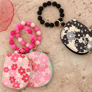 Waterproof floral wristlet wallet set with silicone bead bracelet and gold keyrings