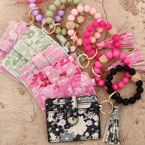 Women's PU Leather Floral Print Card Holder Wallet Silicone Bead Wristlet Keychain Tassel Wood Bead Key Ring Pendant