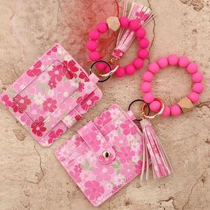 Pink floral PU leather card holder set with silicone bead wristlet and tassel keychain