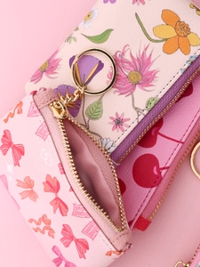 Pink floral bow and cherry printed coin purse with gold zipper and keychain detail