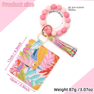 Detailed size specifications for silicone bead bracelet keychain and floral PU wallet