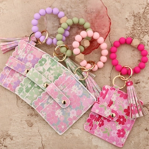 Silicone bead keychain bracelet with floral print card holder wallet in multiple colors