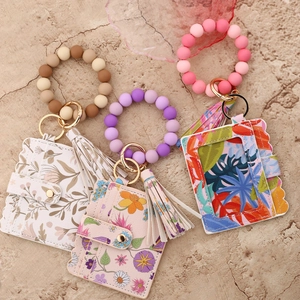 Chic silicone bead bracelet keychain with printed PU leather card holder and tassel
