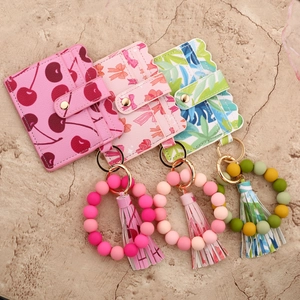 Floral silicone bead keychain bracelet with PU leather card holder and tassel charm set