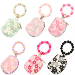 Floral Print PU Leather Semi Circular Card Holder With Silicone Bead Bracelet Keychain Waterproof Wristlet Wallet For Women