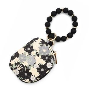 Floral print wristlet card holder with black beaded silicone bracelet keychain and gold ring