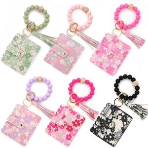 Multi-color silicone bead wristlet keychain with floral card holder wallet set