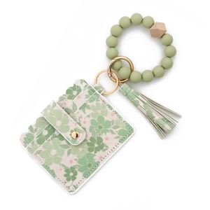 Portacarte floreale in pelle PU con bracciale in silicone e nappa portachiavi set