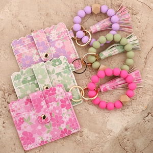 Floral printed wallet keychain with silicone bead wristlet and elegant tassel accessory